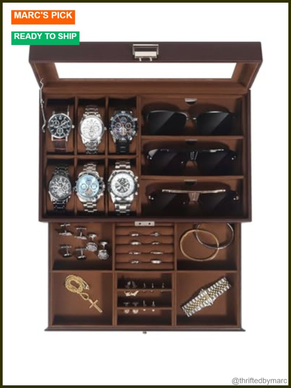 Mens Watch Box Organizer PU Leather 6 Watch Slots 3 Sunglass Storage Case